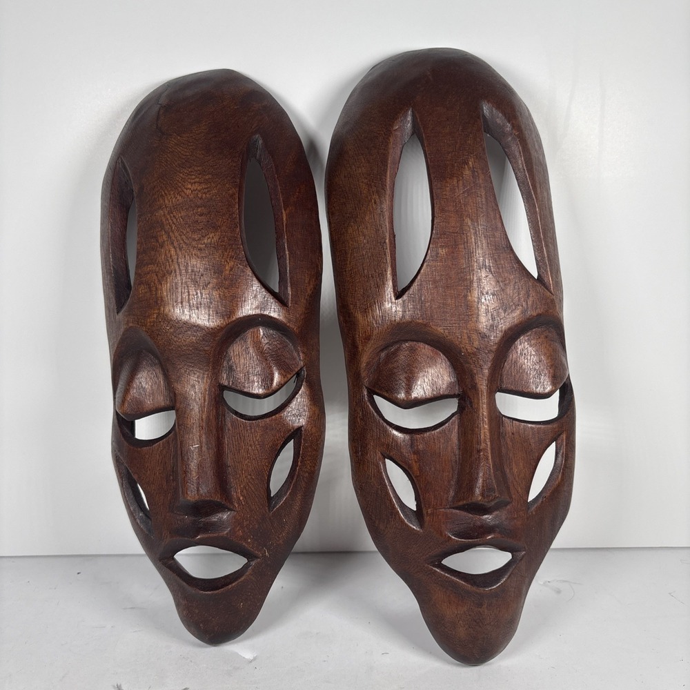 Hand Carved Wooden Tribal Mask Pair Wall Hanging Unbranded